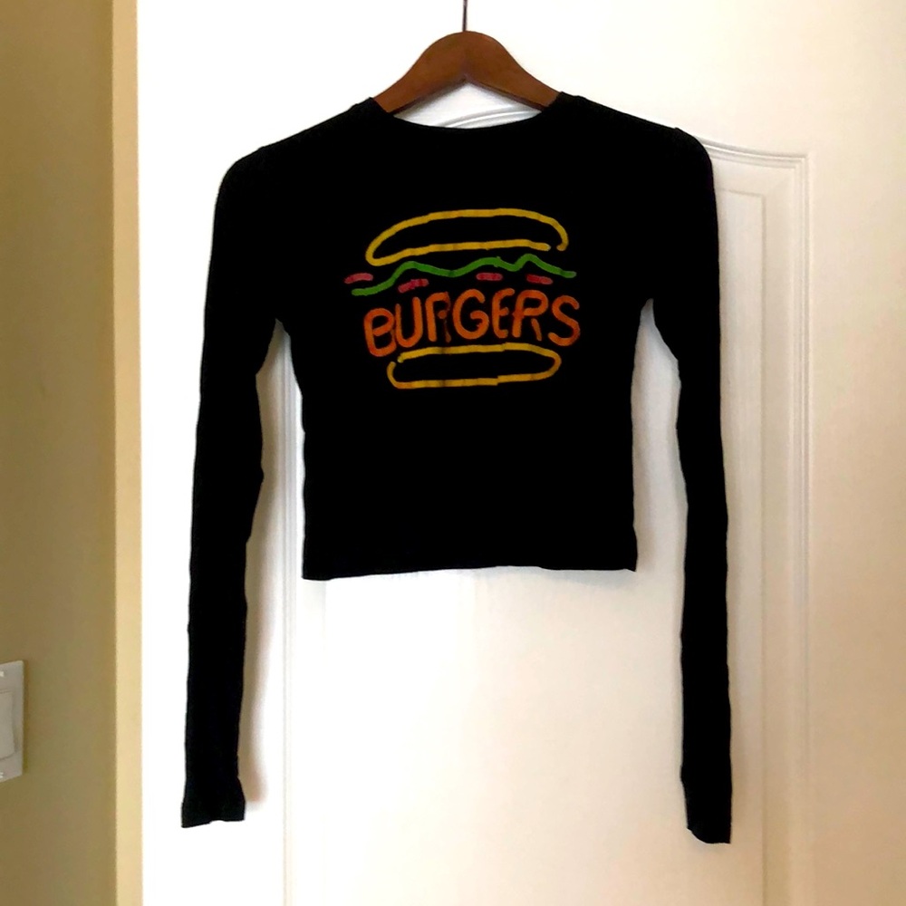 Black Long Sleeve Crop Top with Burger Design